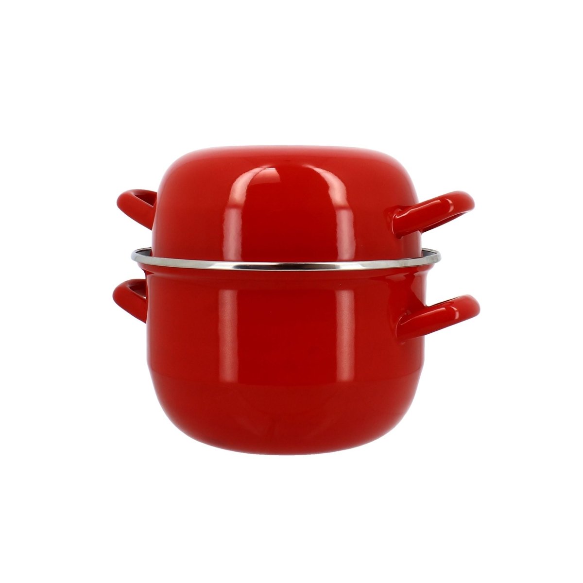 Marmite à moules en acier émaillé rouge avec couvercle, vue de profil sur fond blanc