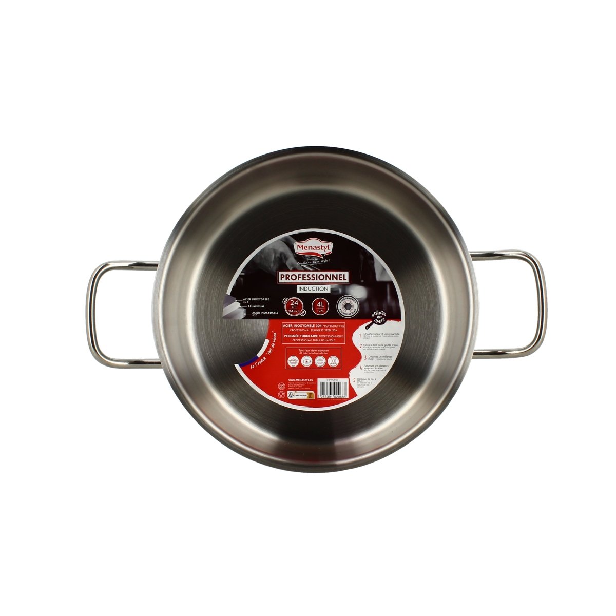 Vue de dessus marmite Professionnel 24cm en acier inoxydable avec deux poignées tubulaires, étiquette visible à l'intérieur