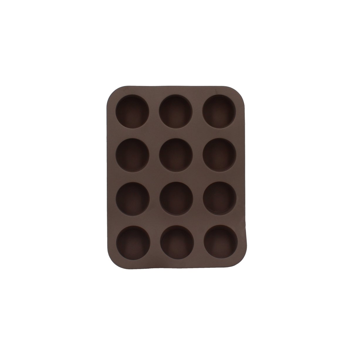 Moule à 12 mini muffins en silicone marron Menastyl, vue de dessus sur fond blanc