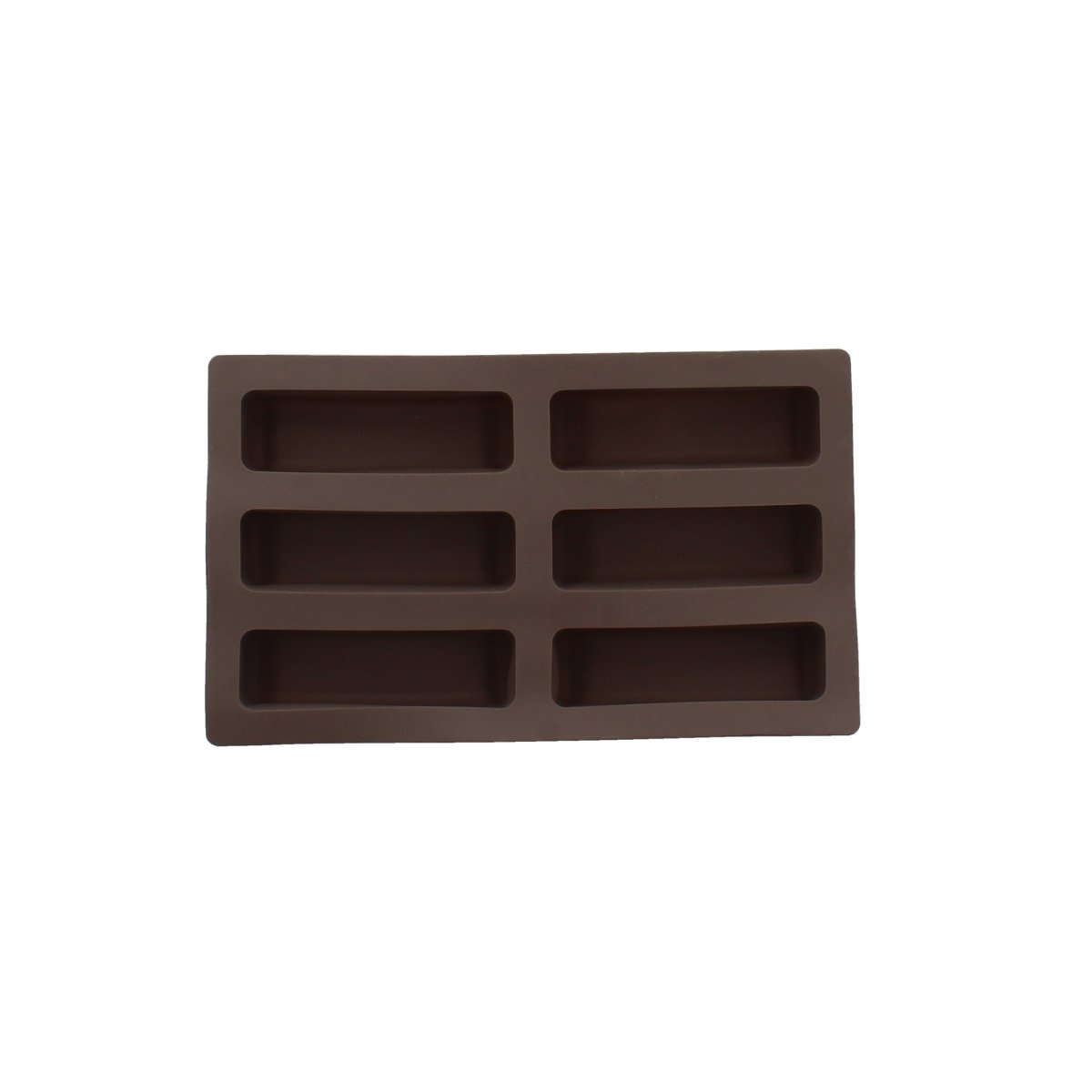 Moule à 6 financiers en silicone marron Menastyl, vue de dessus sur fond blanc