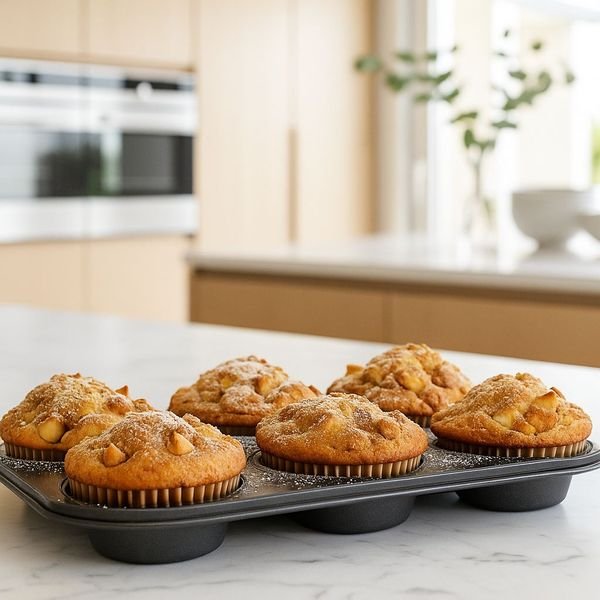 Six muffins dorés dans moule à 6 cavités en acier carbone antiadhésif noir, posé sur marbre blanc