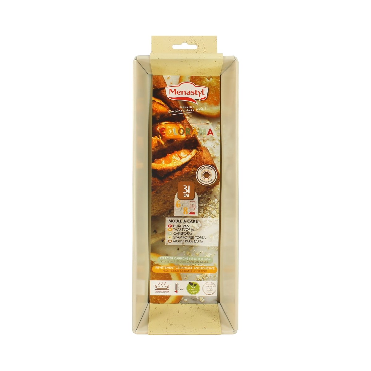 Moule à cake Colorama crème 30,5 cm dans son emballage, vue de face avec aperçu du produit