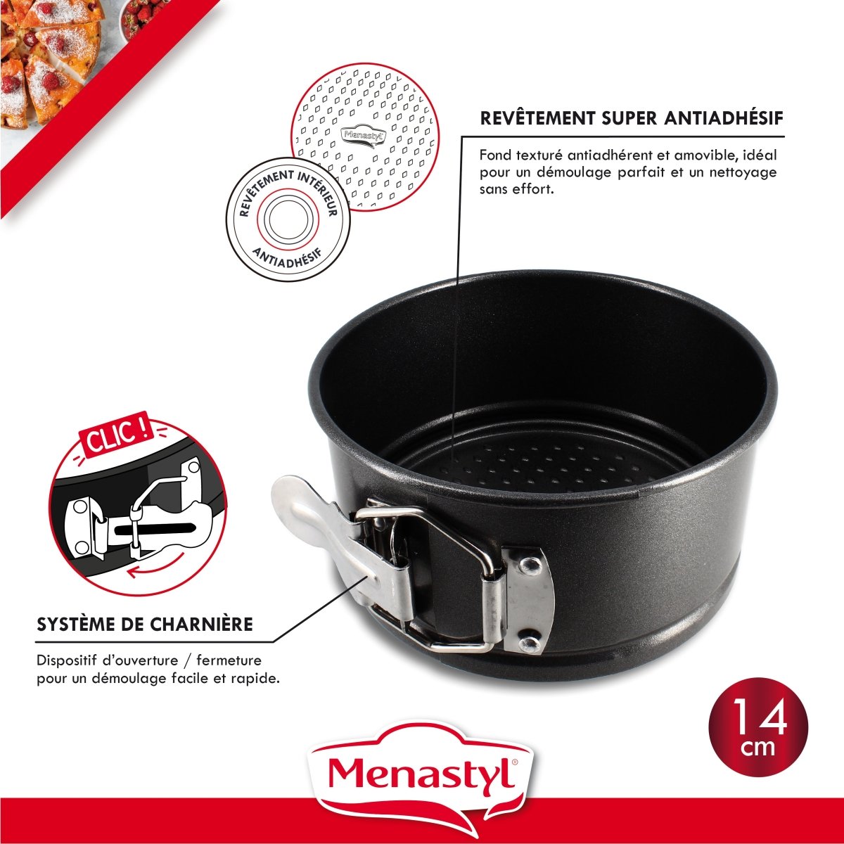 Détail du moule à charnière Amandine 14cm avec revêtement antiadhésif, système de clip et fond texturé