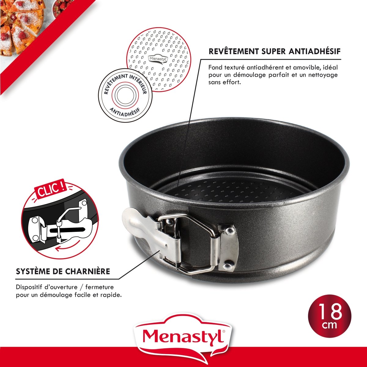 Moule à charnière Amandine 18cm en acier avec revêtement antiadhésif et système de clip détaillé