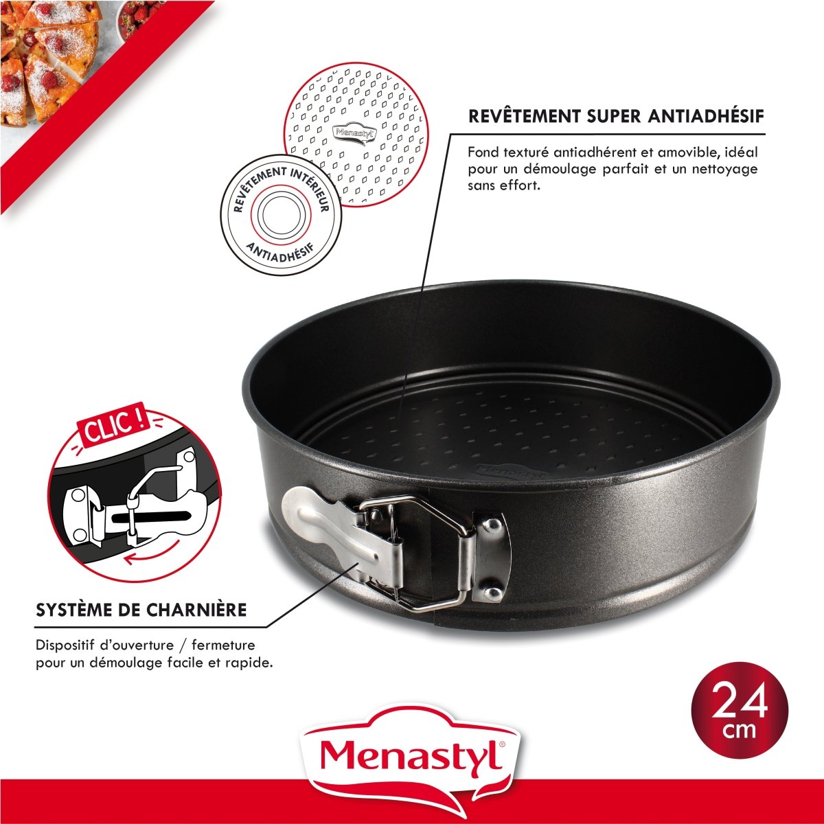 Moule à charnière Amandine 24cm avec revêtement antiadhésif et système de clip, détails techniques