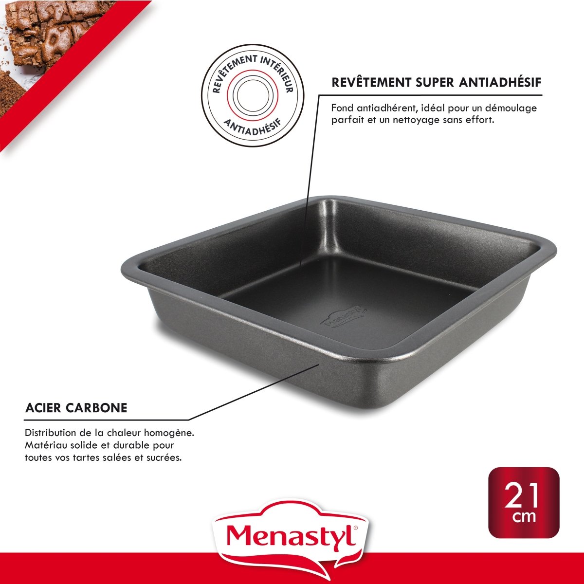 Moule Amandine carré 21cm en acier carbone antiadhésif, avec mise en avant du revêtement intérieur et de la construction