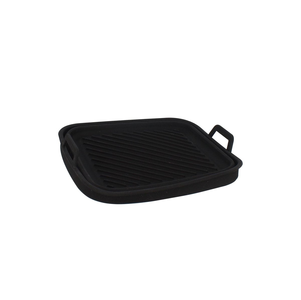 Moule carré en silicone noir avec poignées pour friteuse à air Menastyl, vue en perspective sur fond blanc