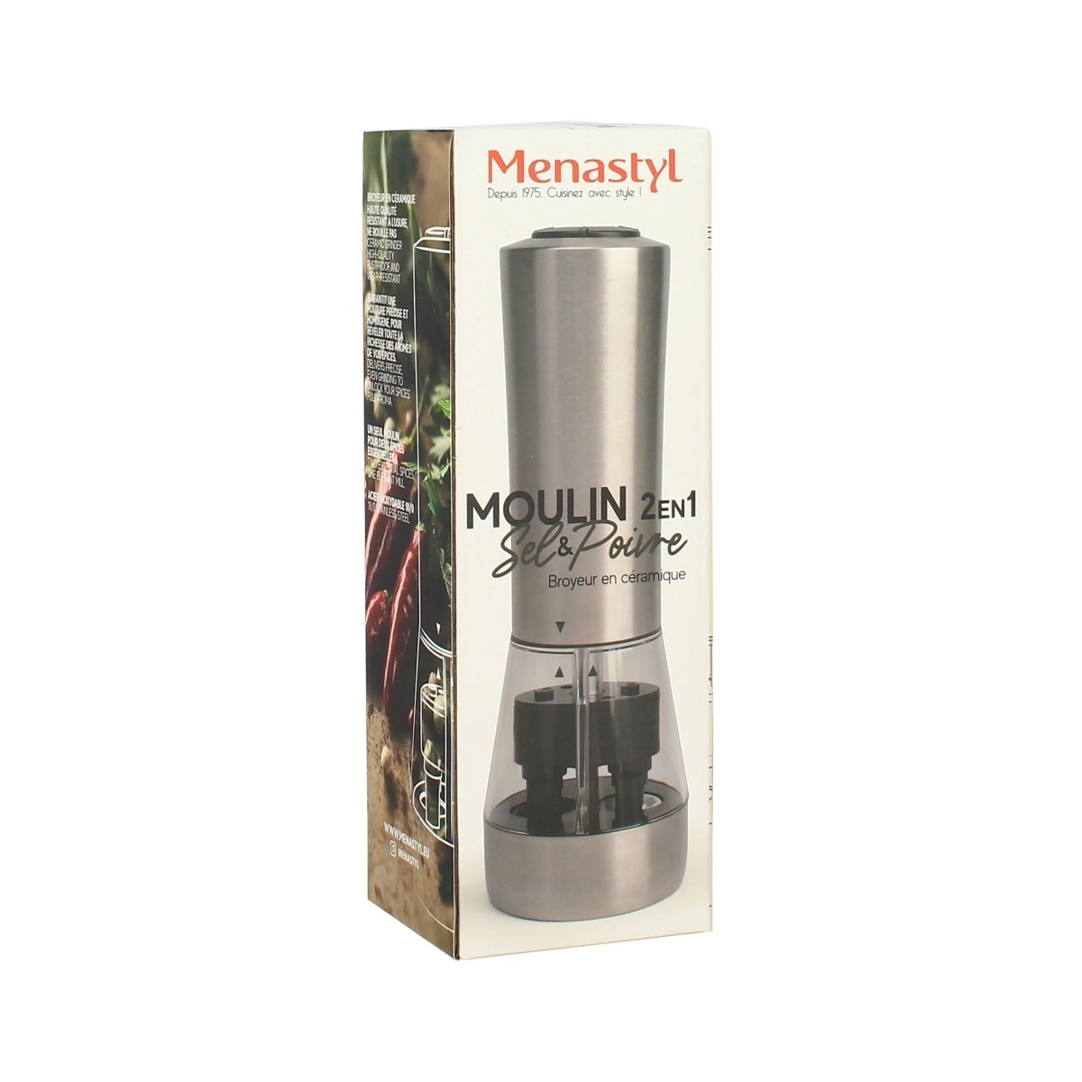 Moulin 2 en 1 sel et poivre dans son emballage, vue du packaging avec broyeur céramique en acier inoxydable