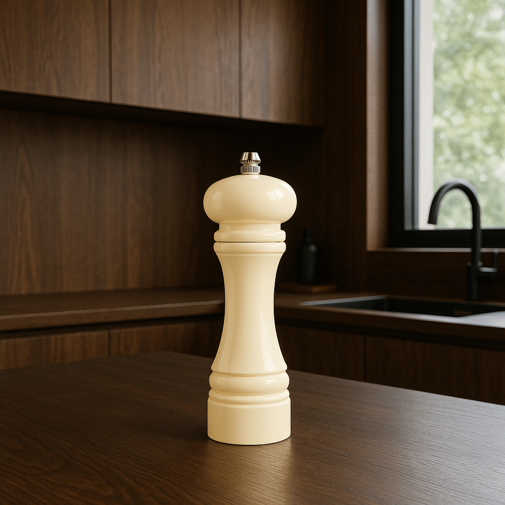 Moulin à sel ou poivre blanc crème 18,5 cm avec broyeur céramique, posé sur table de cuisine moderne