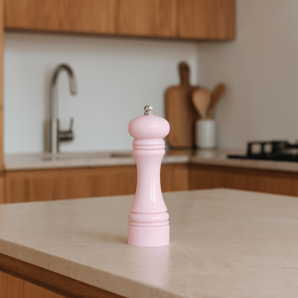 Moulin à sel ou poivre rose pastel 18,5 cm posé sur plan de travail de cuisine moderne