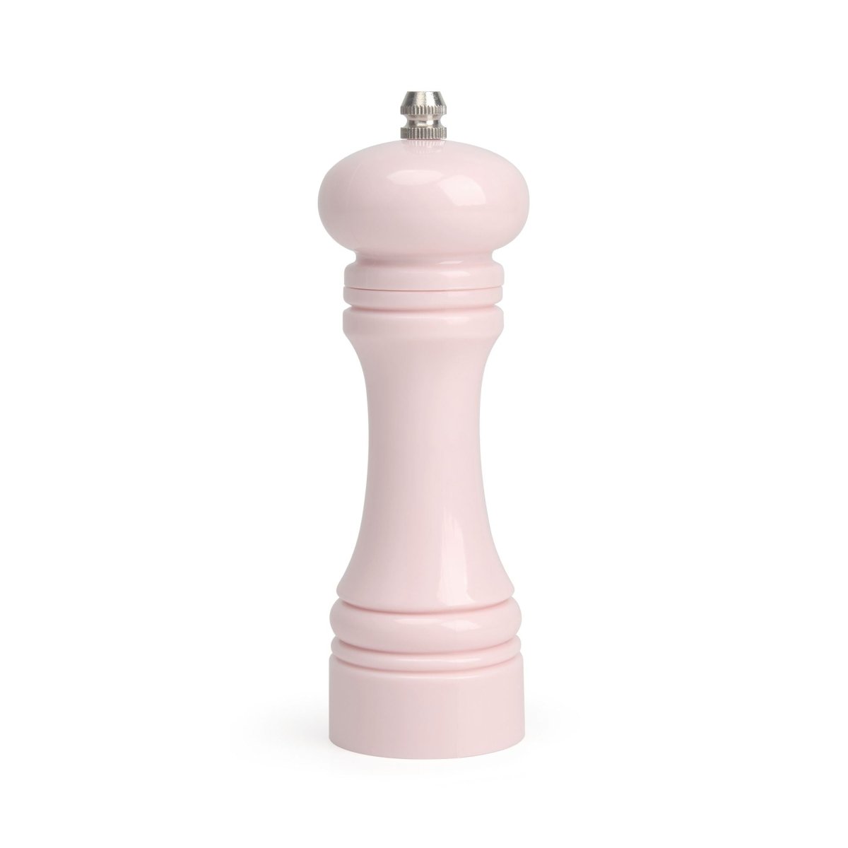 Moulin à sel ou poivre rose pâle 18,5 cm avec broyeur céramique ajustable, vue complète sur fond blanc