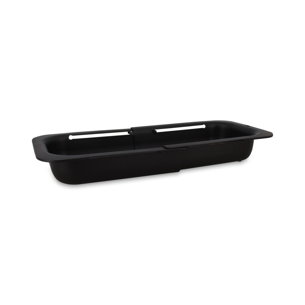 Panier égouttoir extensible Menastyl en polypropylène noir, vue de trois-quarts sur fond blanc
