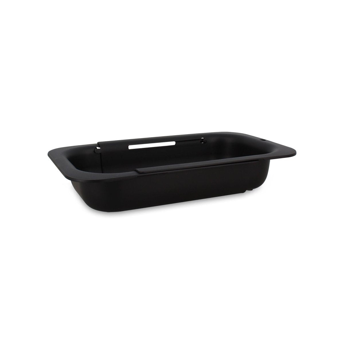 Panier égouttoir extensible noir en polypropylène, vue inclinée sur fond blanc