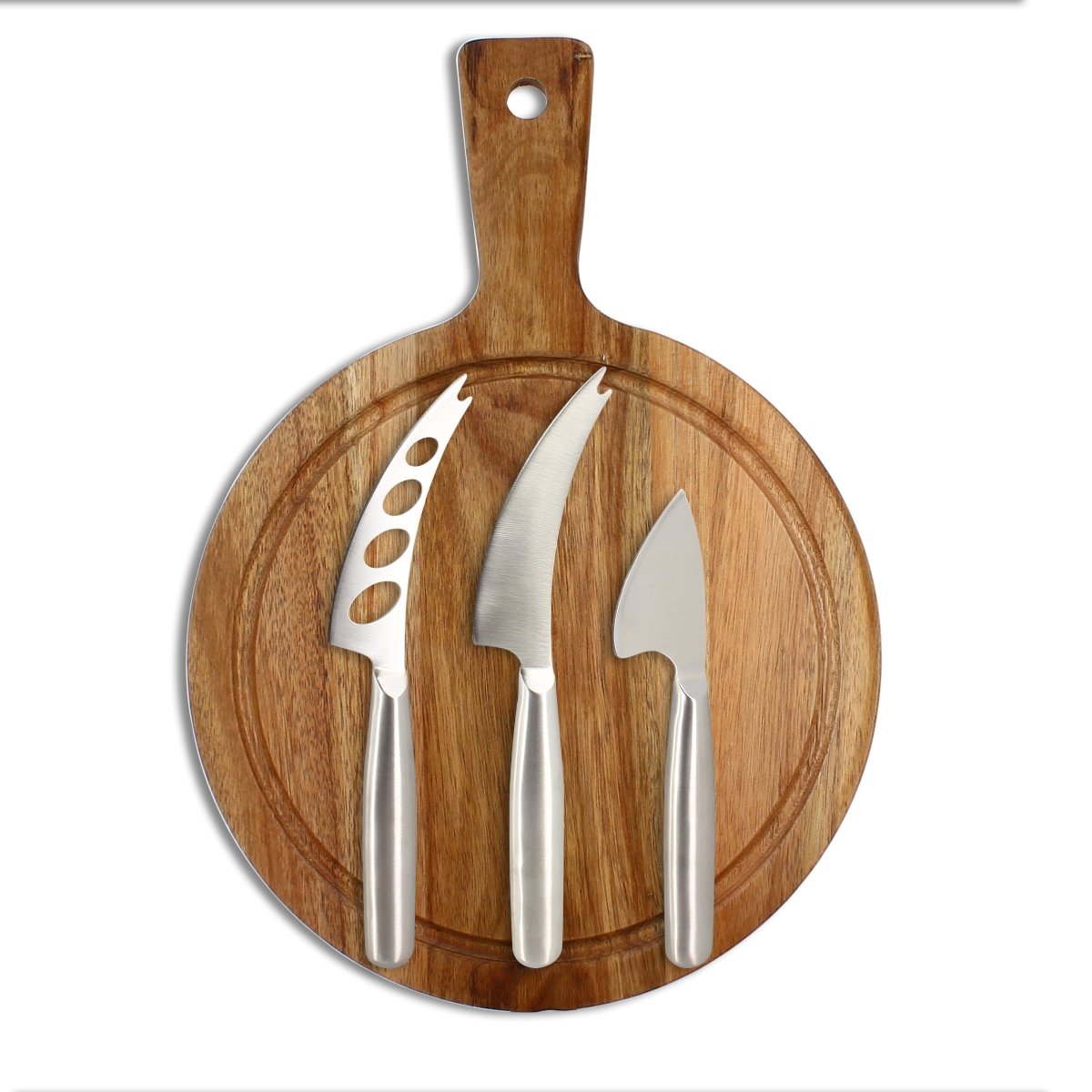 Planche à découper ronde en acacia avec 3 couteaux à fromage en acier inoxydable, vue de dessus
