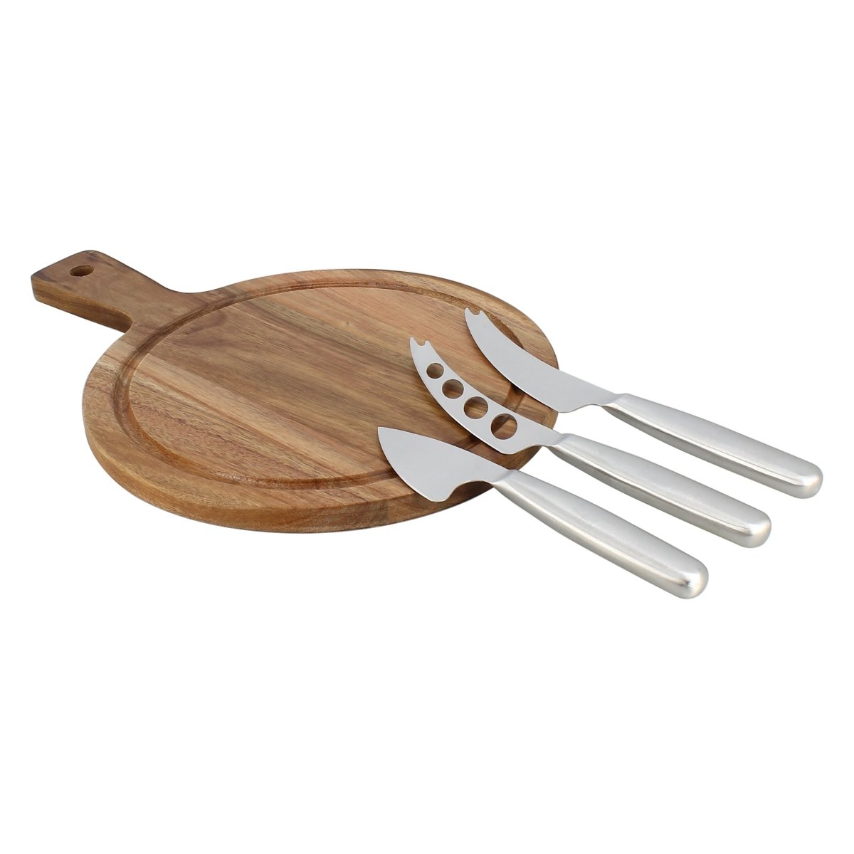 Planche à découper ronde en acacia avec 3 couteaux à fromage en acier inoxydable Menastyl, vue d'ensemble