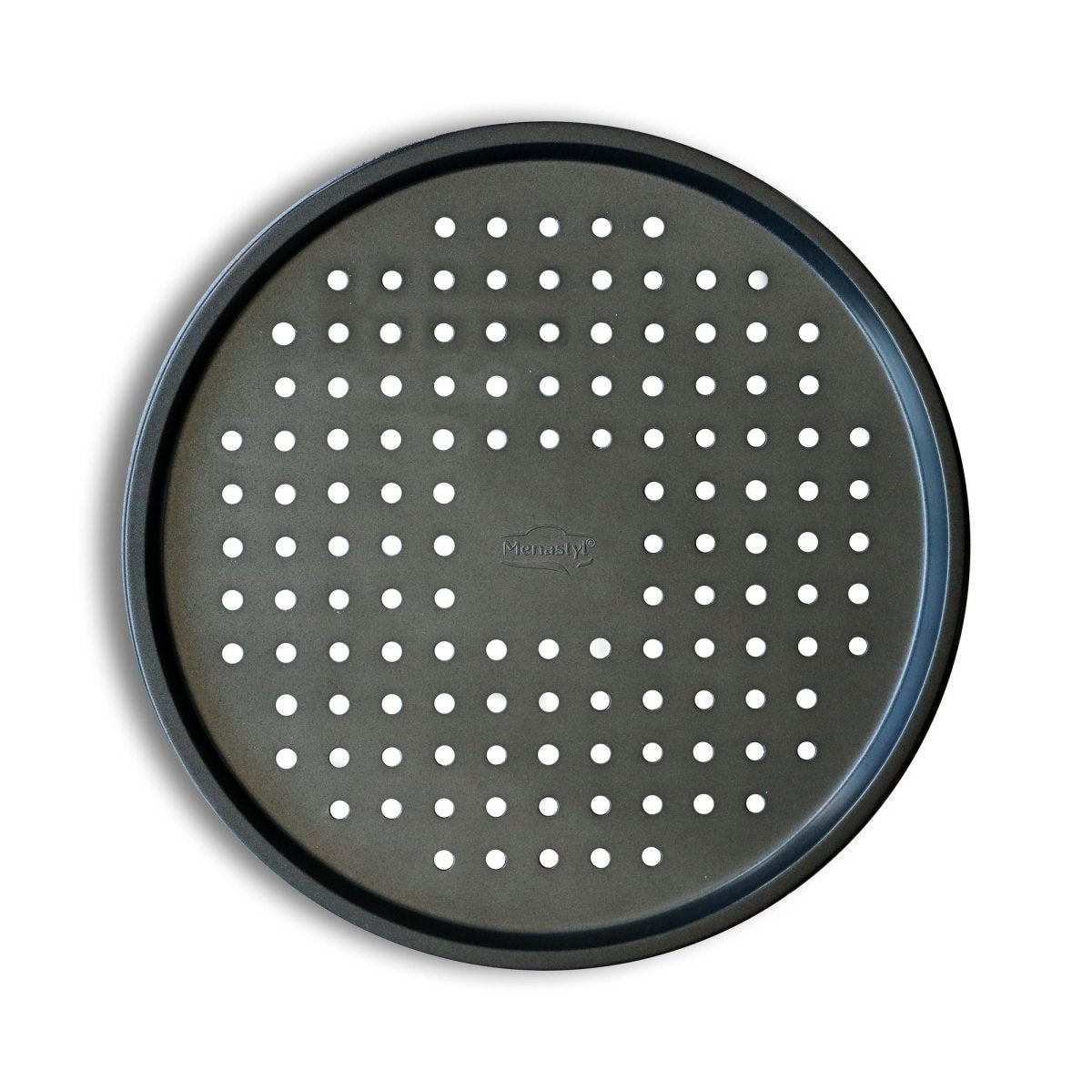 Plaque à pizza Amandine 33 cm en acier carbone anthracite, vue du dessus avec perforations pour une cuisson homogène