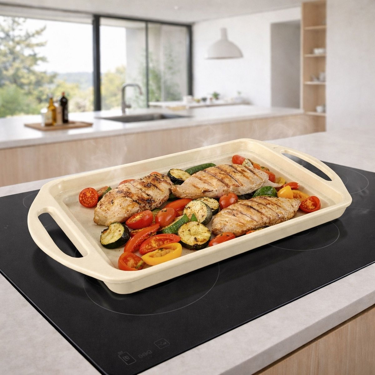 Plaque de cuisson Pure crème avec poulet grillé et légumes, posée sur plaque à induction dans cuisine moderne