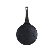 Poêle à pancake 26cm noire en aluminium 4 empreintes rondes Menastyl, vue de dessus sur fond blanc