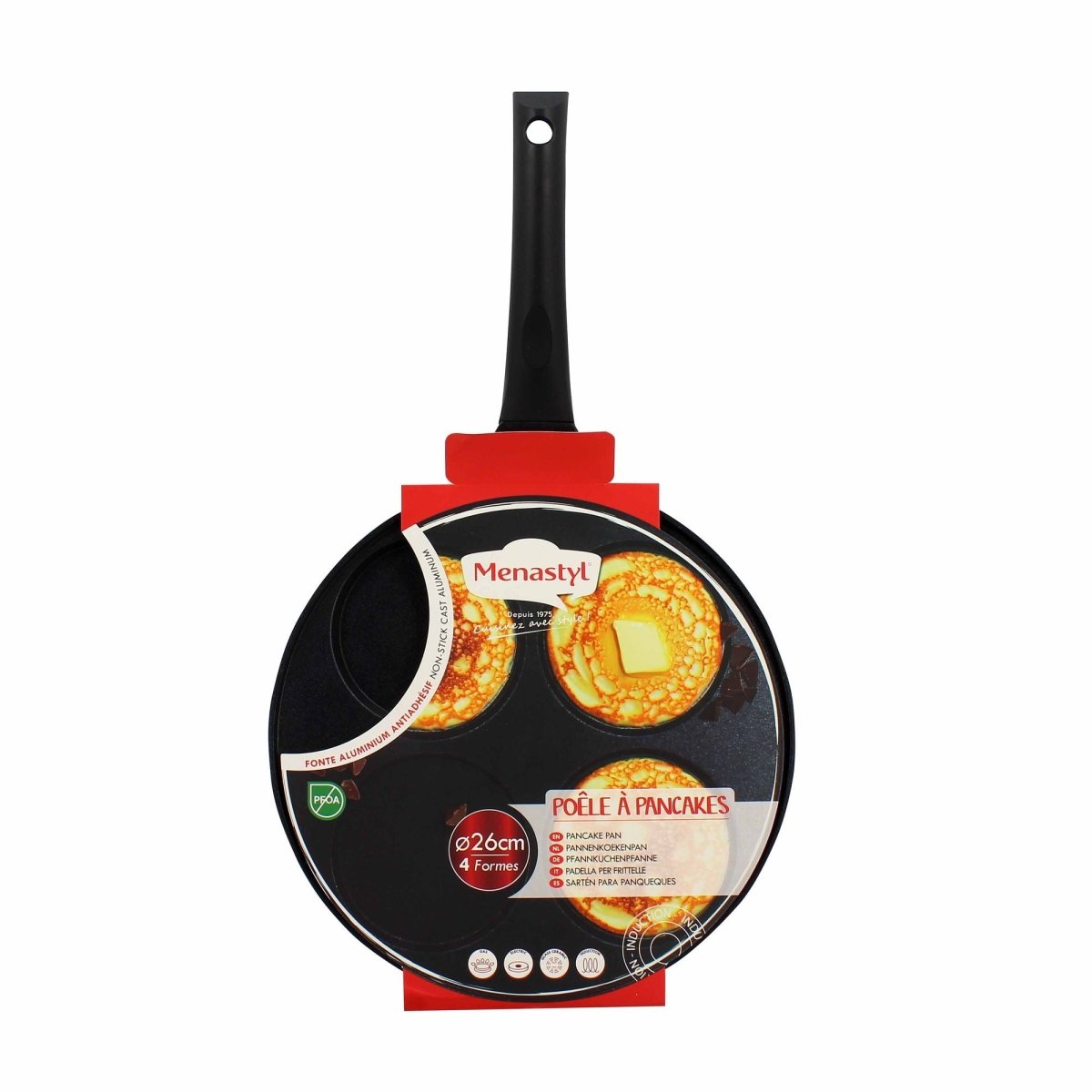 Poêle à pancakes 26cm noire avec packaging rouge, vue de face montrant 4 empreintes rondes