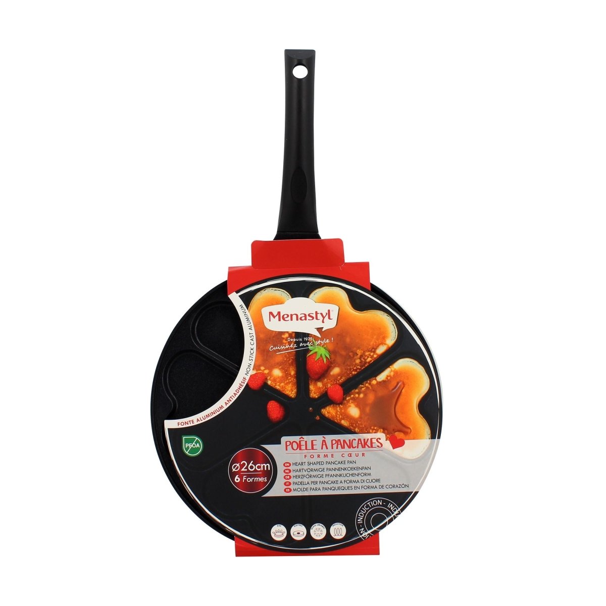 Poêle à pancakes noire 26cm avec 6 empreintes cœur, packaging avec visuels de pancakes et fraises