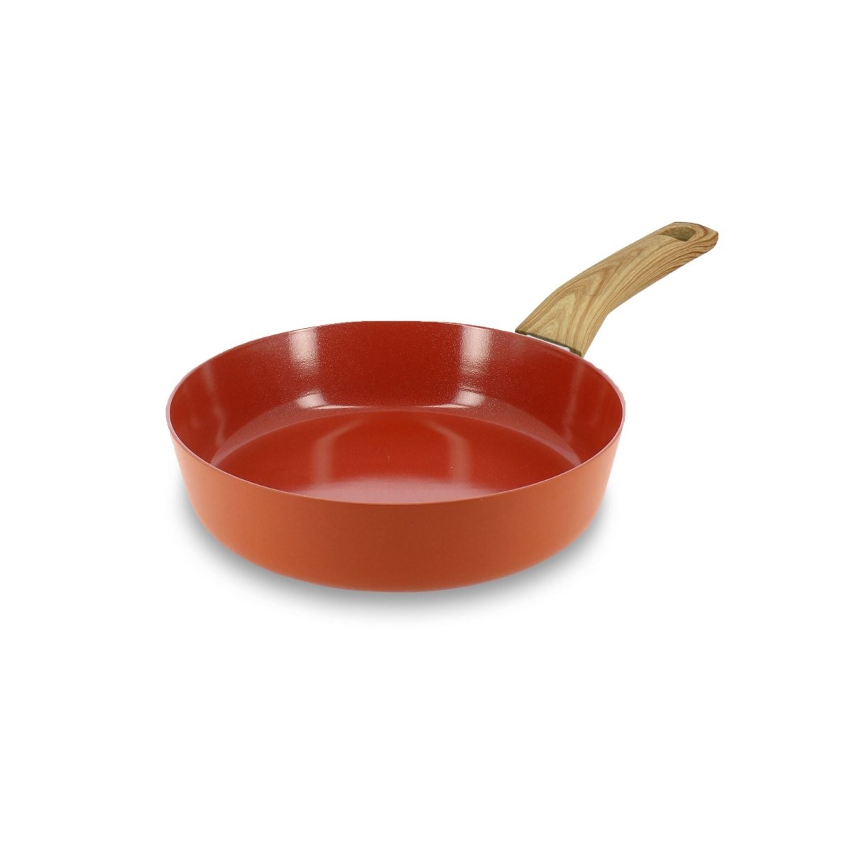 Poêle Colorama 20 cm orange terracotta avec manche bois clair, vue trois quarts sur fond blanc