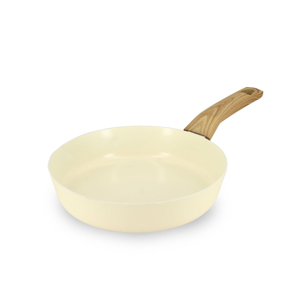 Poêle Colorama 20 cm céladon avec manche bois, vue de trois quarts sur fond blanc