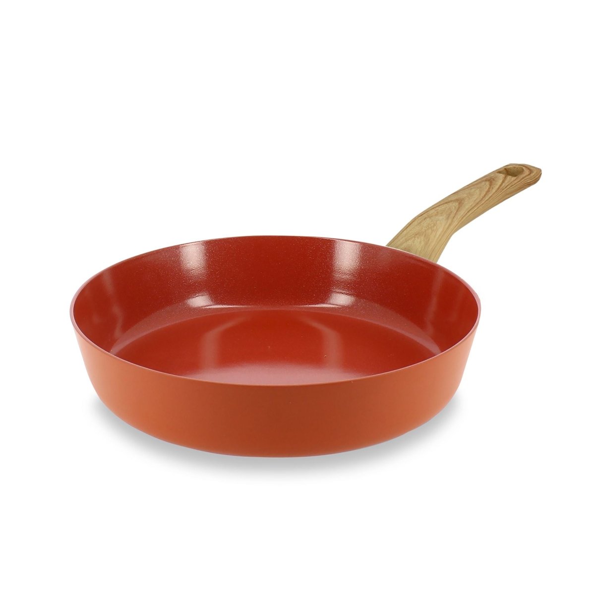 Poêle Colorama 24 cm orange terracotta avec manche bois, vue de trois quarts sur fond blanc