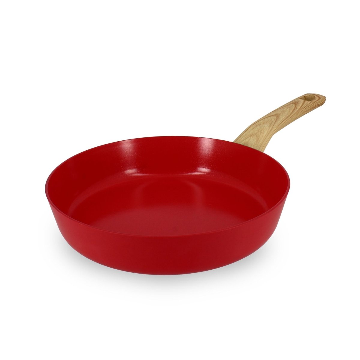 Poêle Colorama 24 cm rouge vue trois quarts, revêtement antiadhésif intérieur et manche bois clair