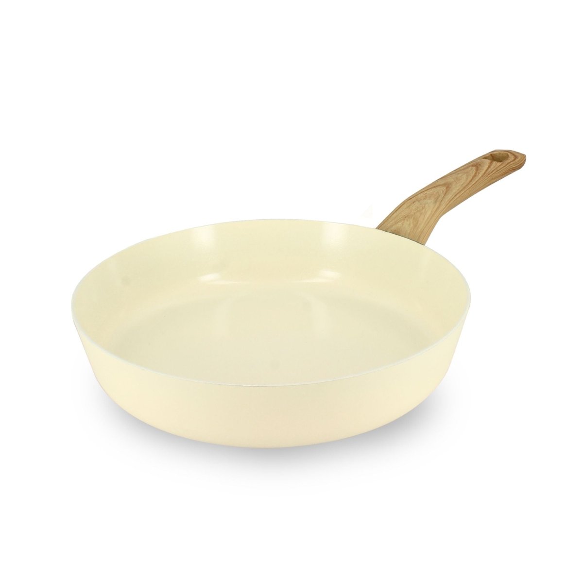 Poêle Colorama 24 cm céladon avec manche bois, vue de trois quarts sur fond blanc
