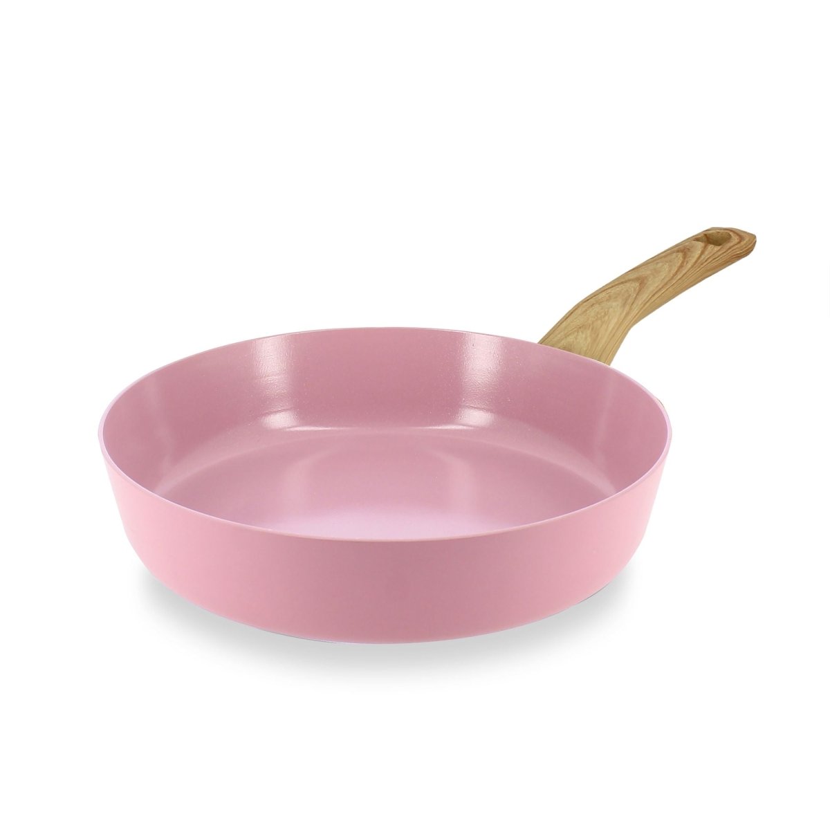 Poêle Colorama 24 cm rose pastel avec manche en bois, vue de trois quarts sur fond blanc
