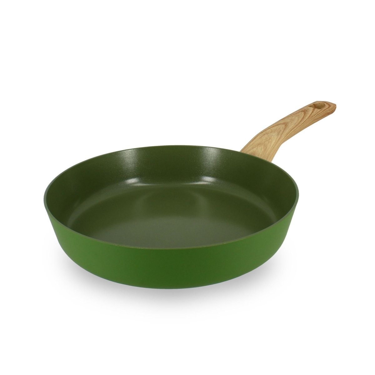 Poêle Colorama 24 cm vert céladon avec manche en bois, vue trois quarts sur fond blanc