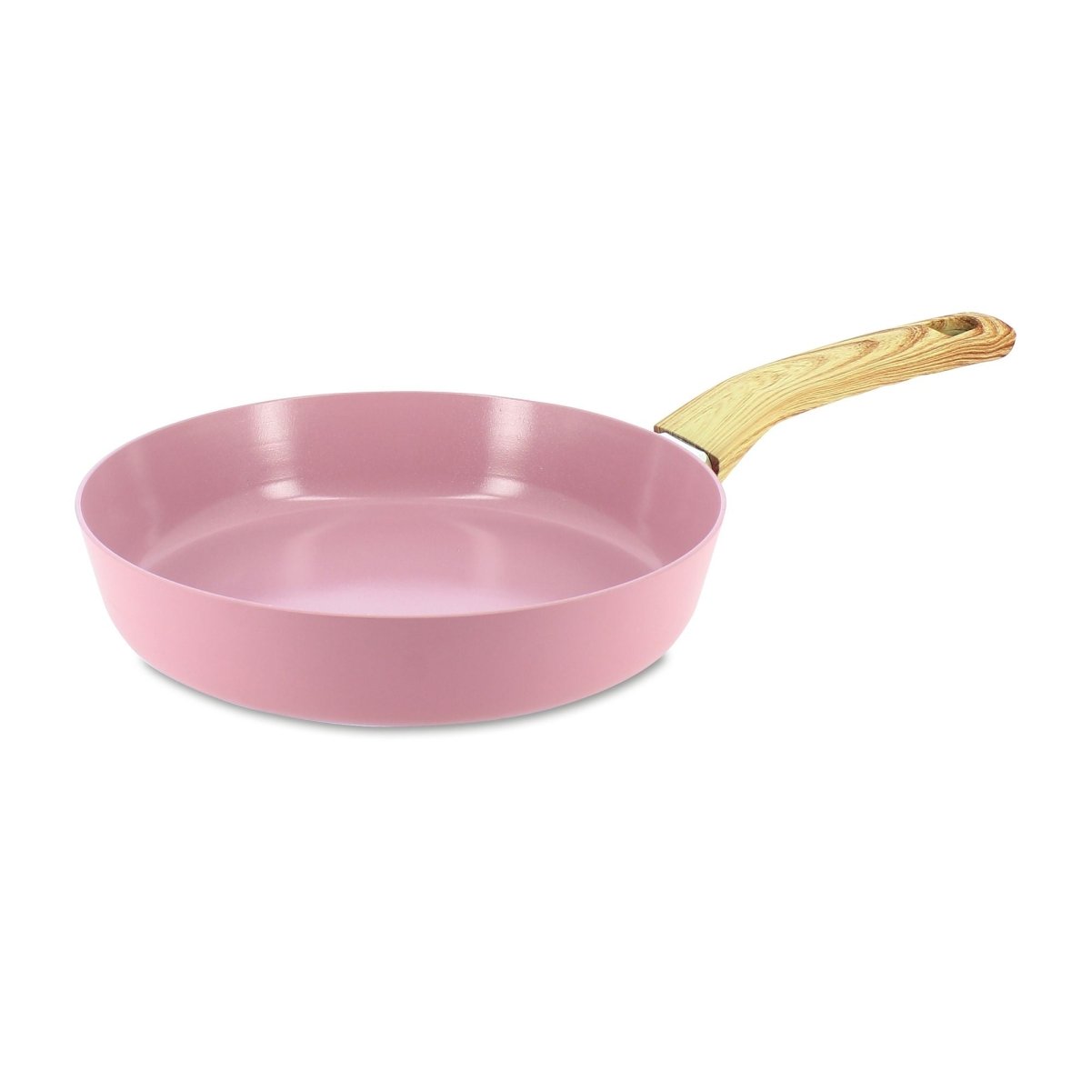 Poêle Colorama 24 cm rose pastel avec manche bois, vue de trois quarts sur fond blanc