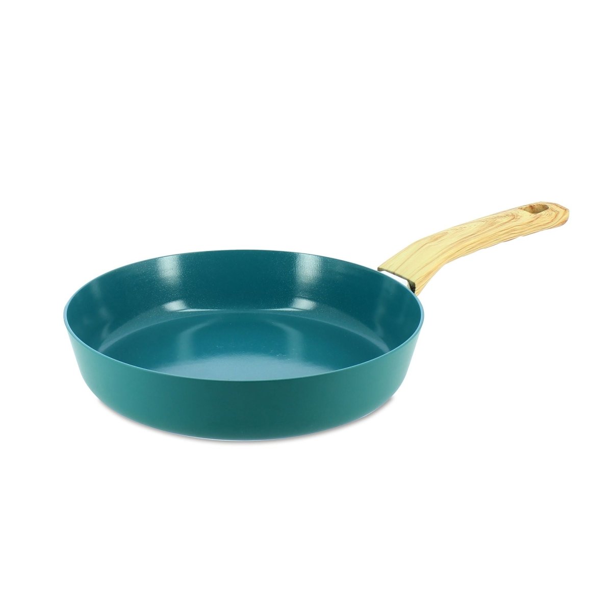 Poêle Colorama céladon 24 cm avec manche bois clair, vue de trois-quarts sur fond blanc