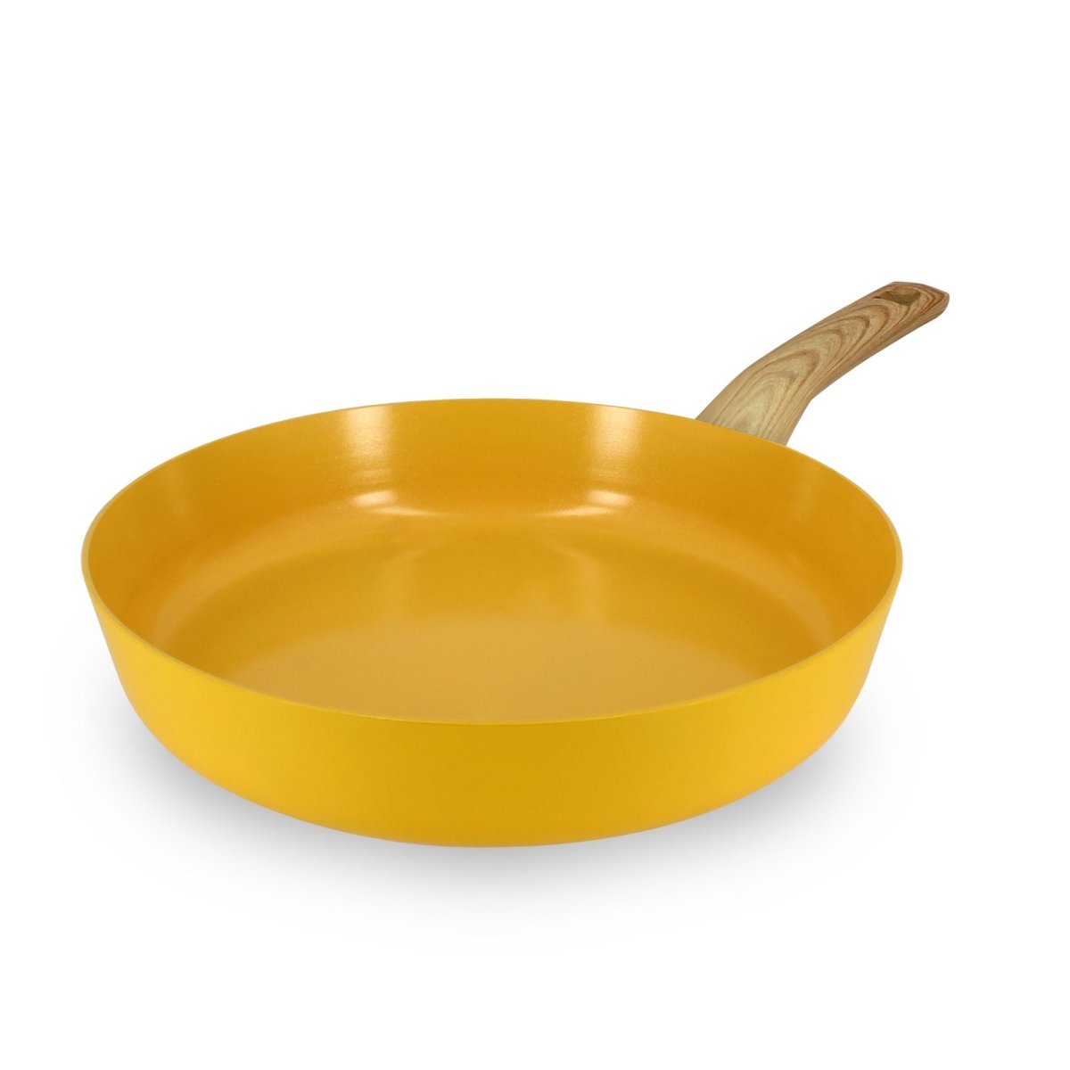 Poêle Colorama 28 cm jaune avec revêtement antiadhésif et manche imitation bois, vue de trois quarts