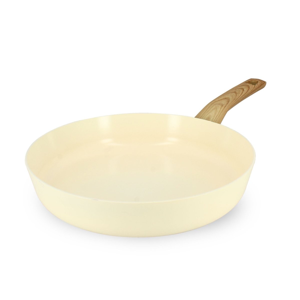 Poêle Colorama 28 cm couleur céladon avec manche effet bois, vue en perspective sur fond blanc