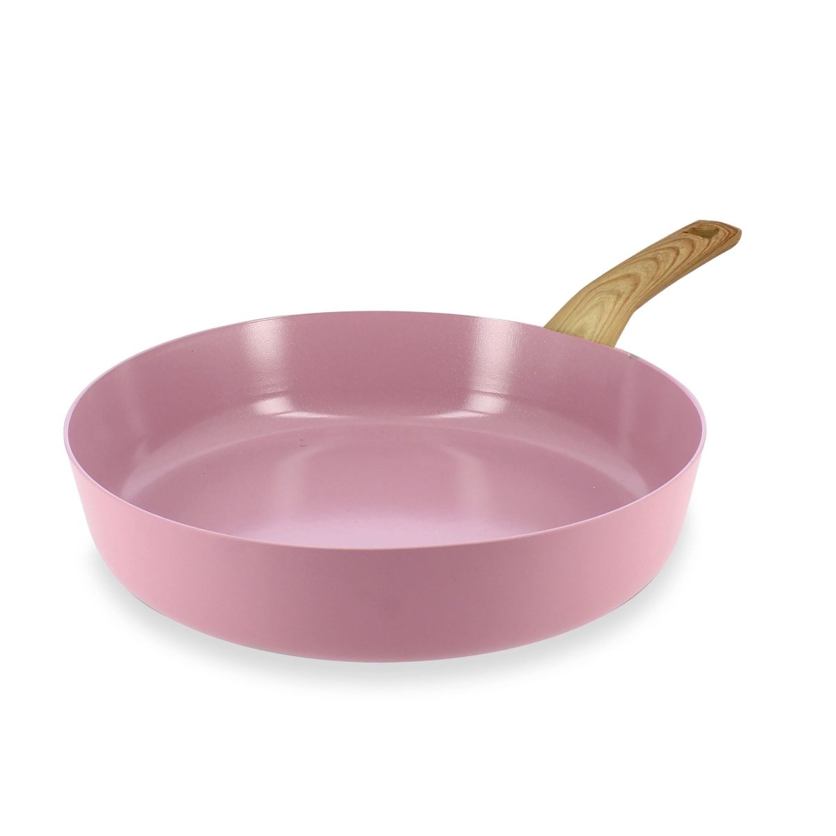 Poêle Colorama 28 cm rose pastel avec manche effet bois, vue trois-quarts sur fond blanc