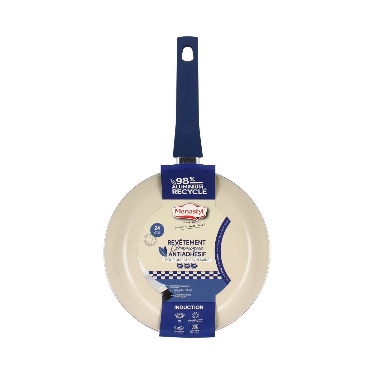 Poêle Ginette 24cm en aluminium recyclé avec étiquette bleue, vue frontale complète avec manche