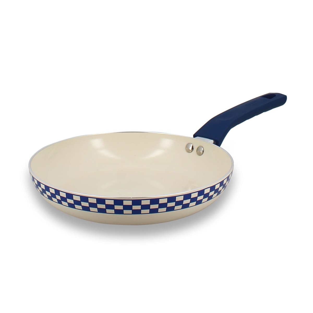 Poêle Ginette 24cm beige avec motif carreaux bleus et manche bleu marine Menastyl, vue de trois quarts