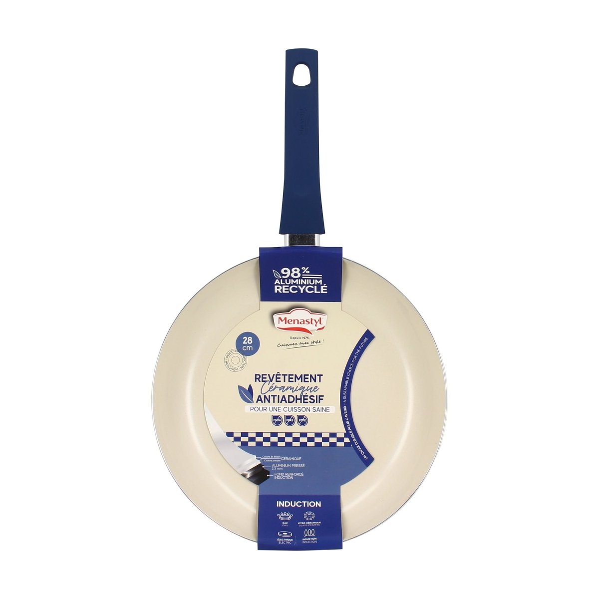 Poêle Ginette 28cm crème avec emballage, revêtement céramique antiadhésif, aluminium recyclé, vue packaging