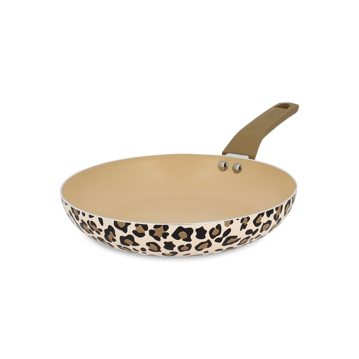 Poêle Léopard 24 cm Menastyl en aluminium marron, motif léopard beige et noir, vue trois-quarts avec manche