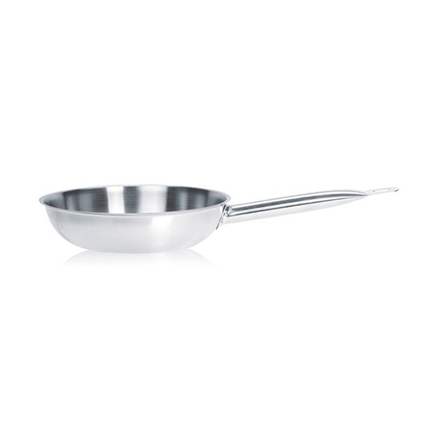 Poêle professionnelle inox 20 cm Menastyl avec manche tubulaire, vue de profil sur fond blanc