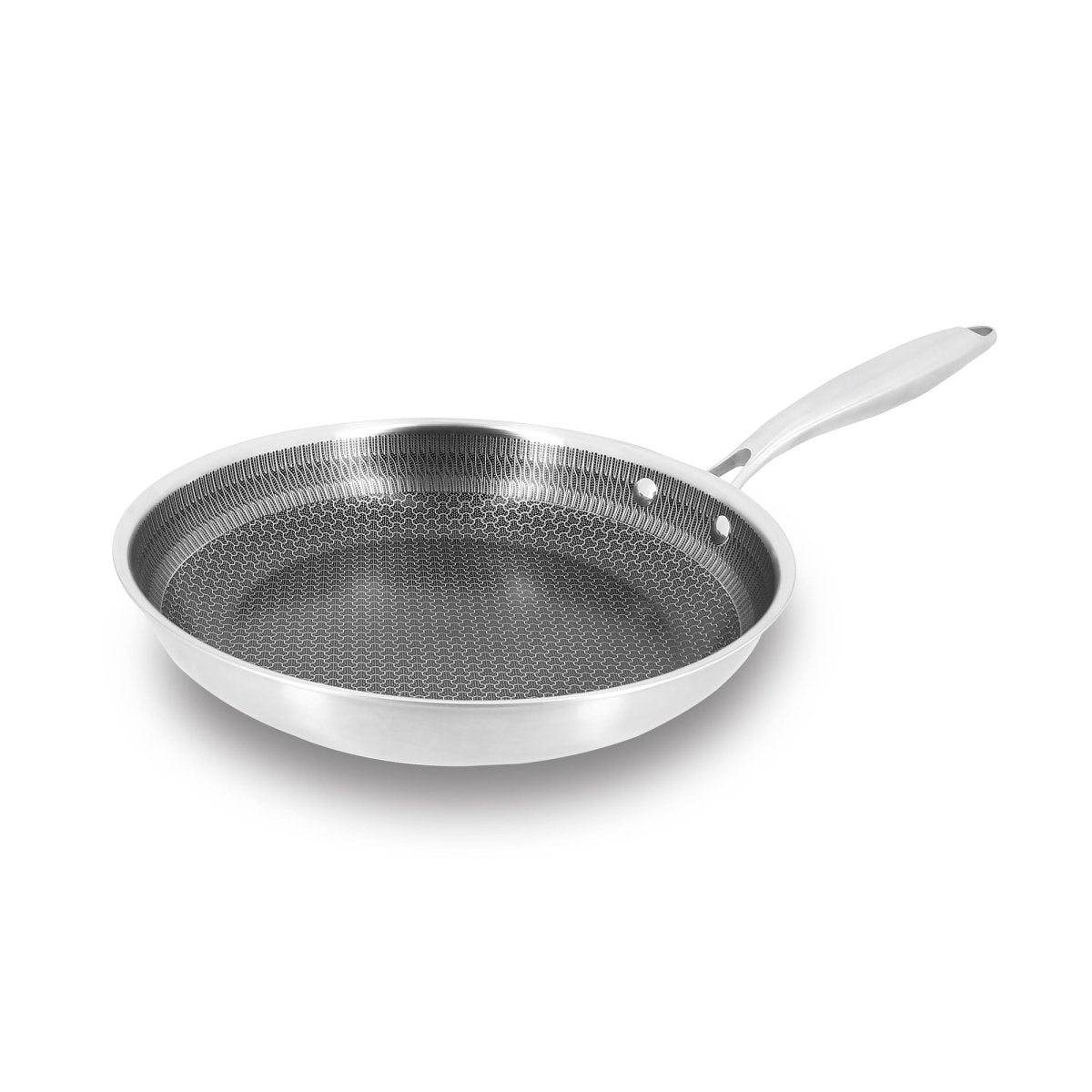 Poêle Trinox 24cm en acier inoxydable avec revêtement antiadhésif Menastyl, vue intérieure sur fond blanc