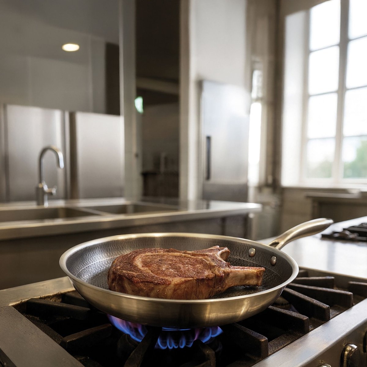 Poêle Trinox 28cm en acier inoxydable cuisant un steak sur feu de cuisinière à gaz