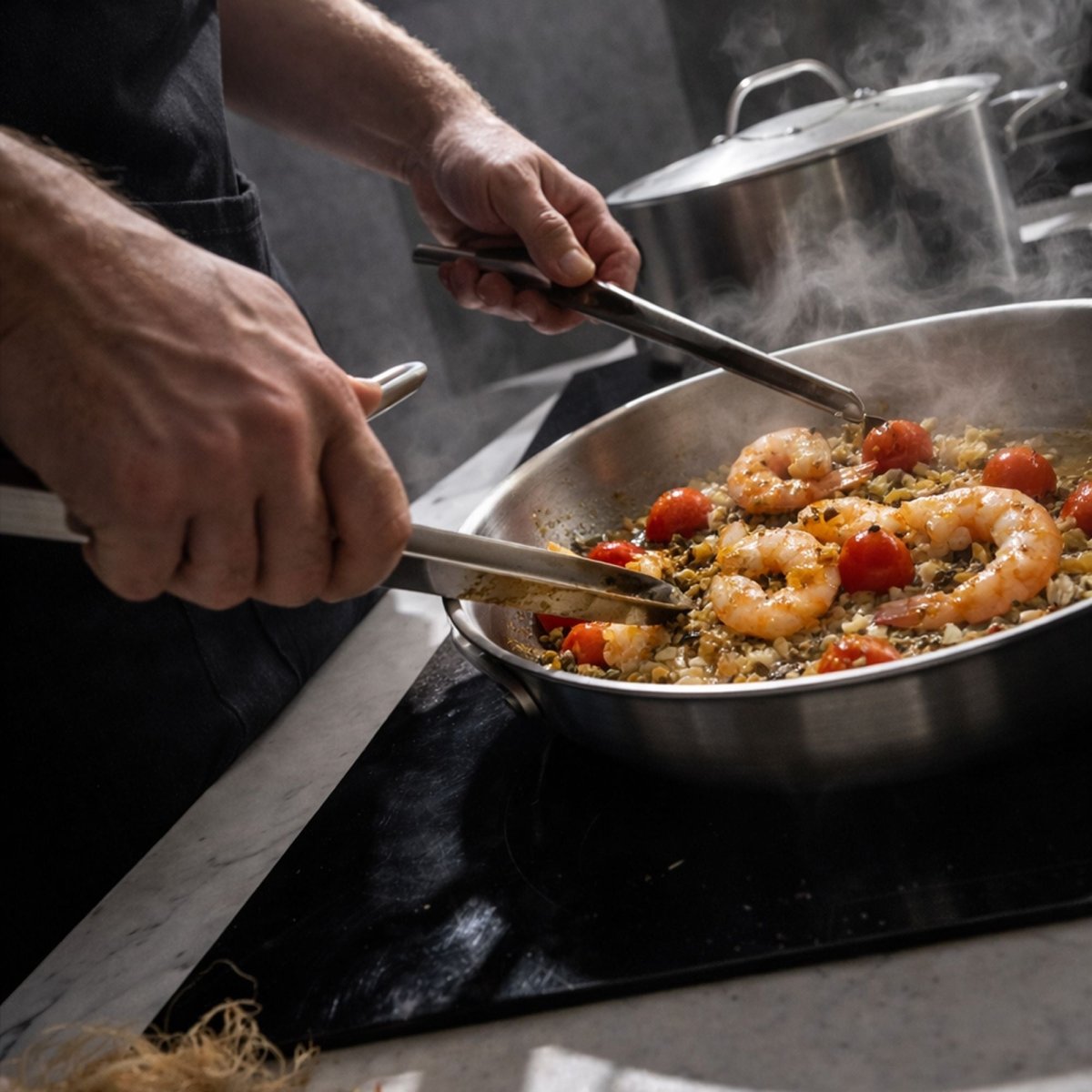 Poêle Triply en acier inoxydable avec crevettes et tomates cerises en cuisson, vue rapprochée professionnelle