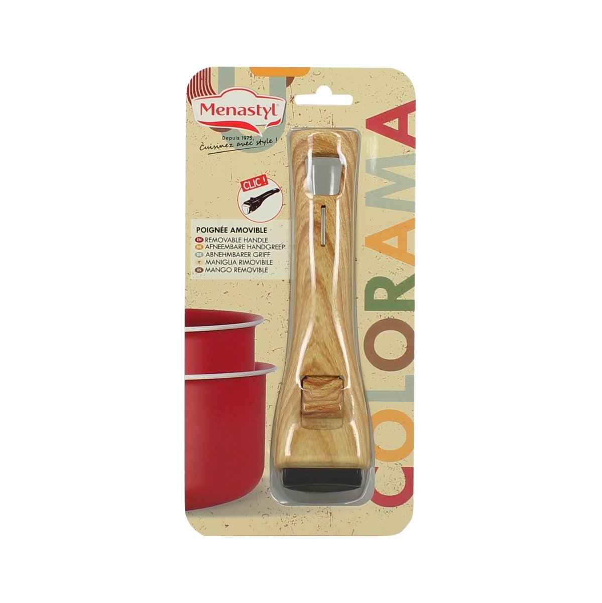 Poignée amovible bakélite effet bois dans emballage Menastyl, vue packaging produit avec casseroles rouges