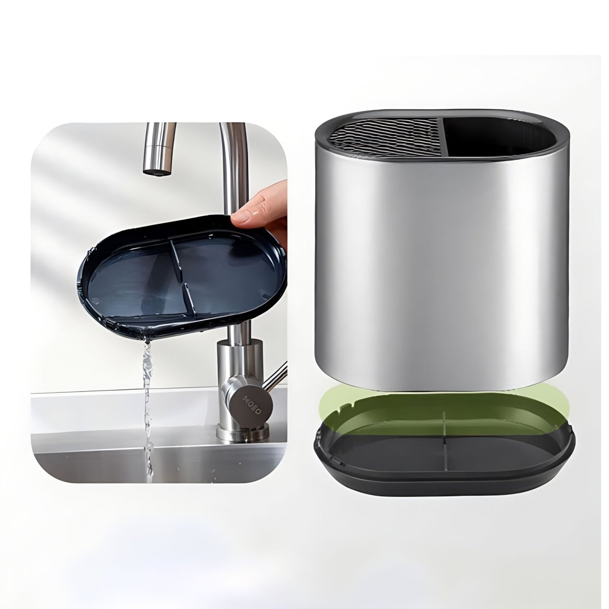 Porte-ustensiles inox cylindrique avec bac récupérateur d'eau amovible noir, vue d'ensemble avec accessoire détaché