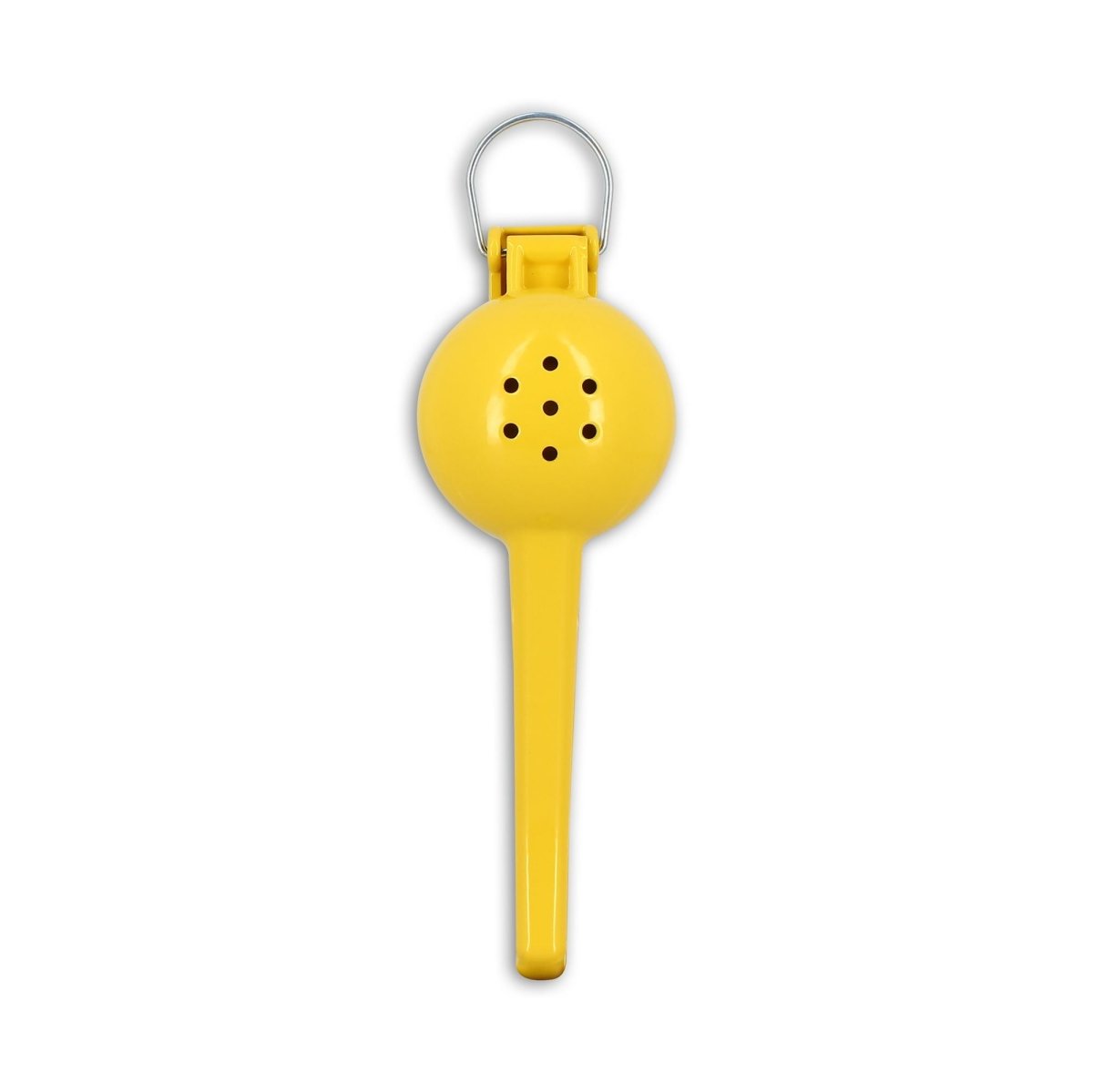Presse-citron 22cm en aluminium jaune avec poignée ergonomique et trous d'extraction, vue complète sur fond blanc