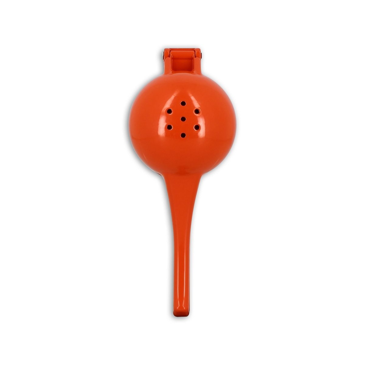 Presse-orange manuel en aluminium orange avec poignée ergonomique et perforations, vue de face sur fond blanc