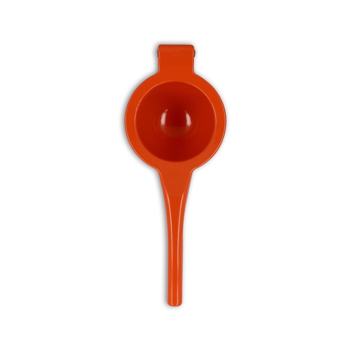 Presse-orange en aluminium orange vu de dessus, forme ergonomique avec poignée allongée
