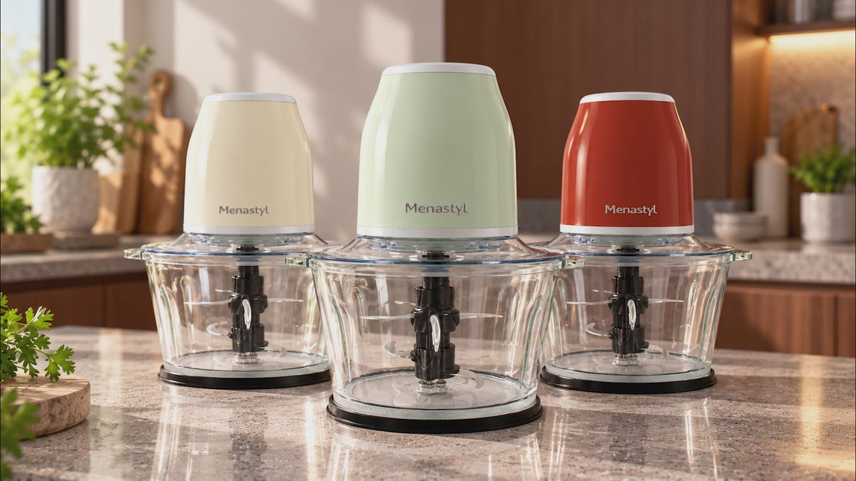 Load video: Retro 1.2L electric chopper with plastic and glass container
